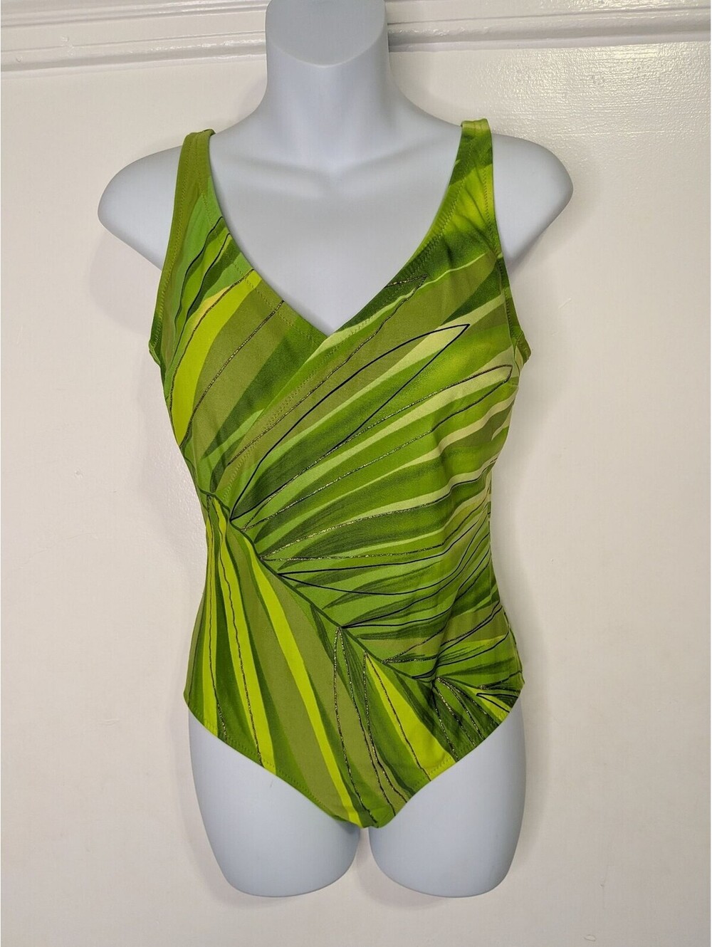 Gottex One Piece Swimsuit Womens 12 Green Tropical Palm Glitter Swimwear